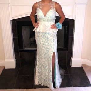 Long Teal and White Prom Dress